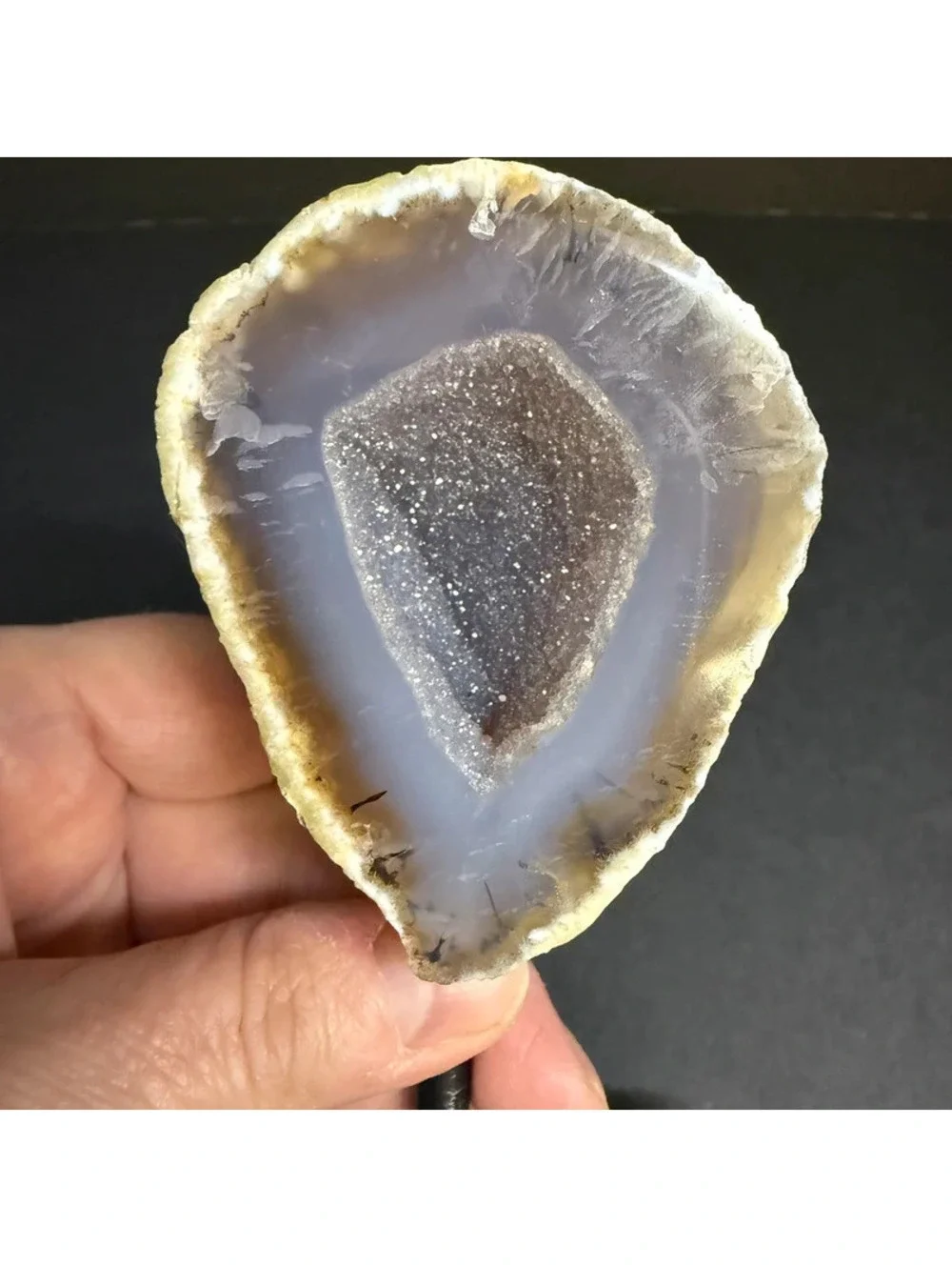 Beautiful Polished Agate Geode Half with Quartz Druzy Center on Metal Stand